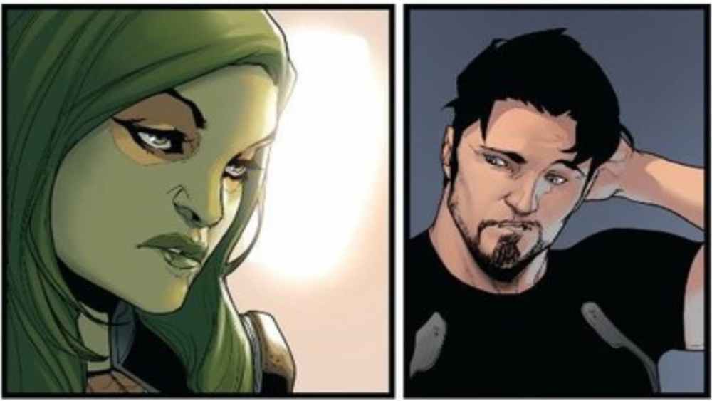 Gamora in one panel and Tony Stark in the other