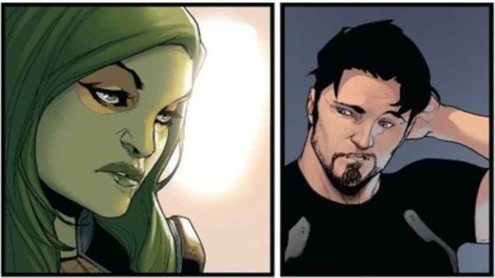 Gamora in one panel and Tony Stark in the other