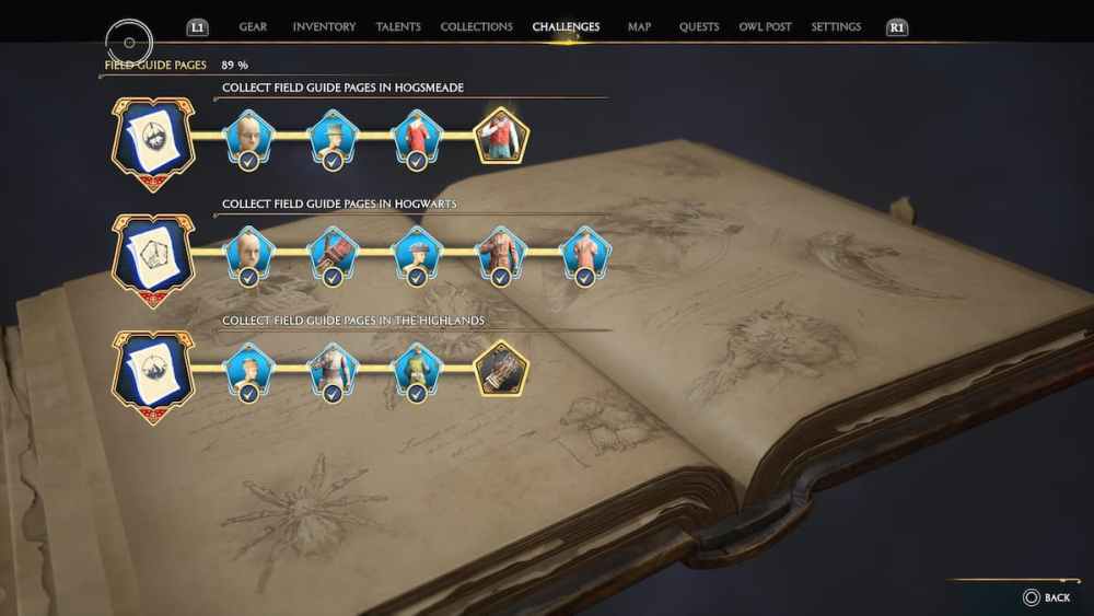Field Guide Pages Challenges Section in Hogwarts Legacy