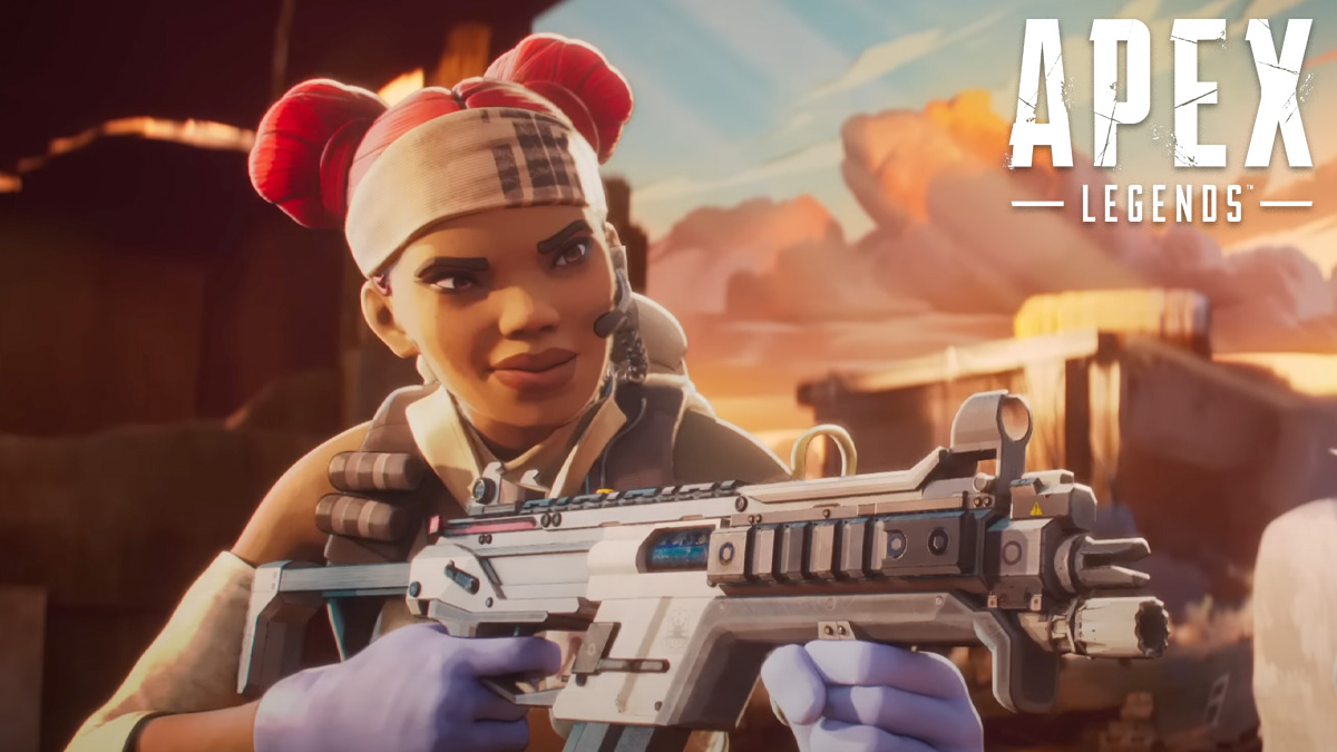 Lifeline in Apex Legends with SMG, next to Apex Legends logo