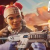 Lifeline in Apex Legends with SMG, next to Apex Legends logo