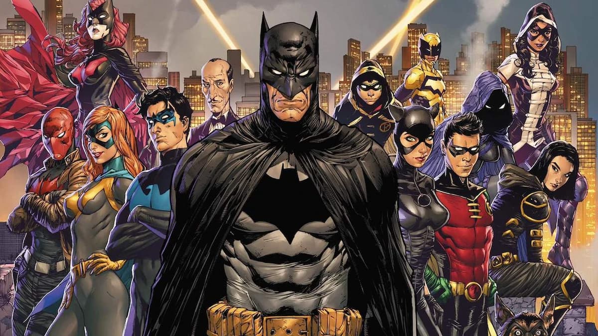 Batman in center, other members of the Bat-Family in background