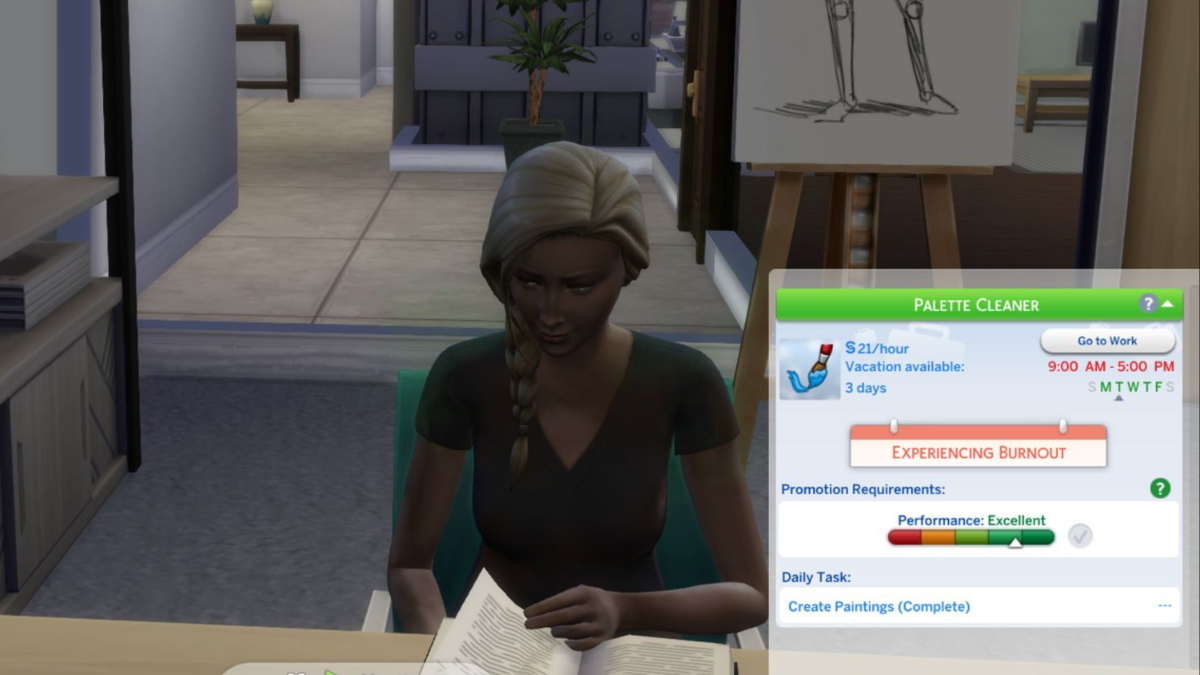 A Sim reading a book while experiencing Burnout in Sims 4 Growing Together.
