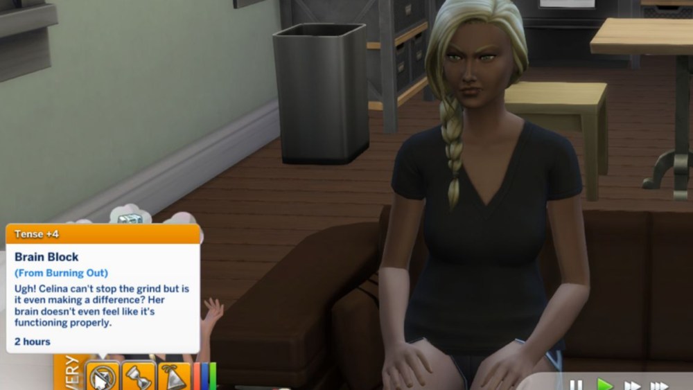 A Sim sitting on a sofa while experiencing the Burnout Moodlet.