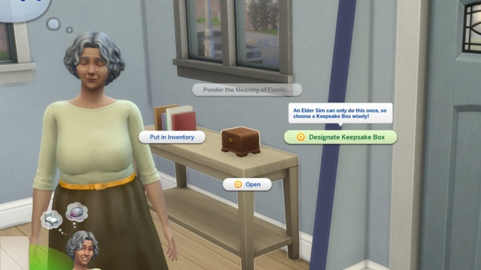 Designating the Keepsake Box to an Elder in Sims 4.