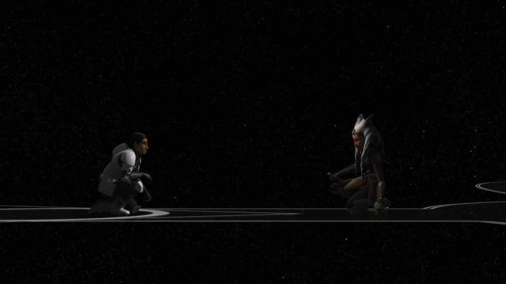 Ezra pulls Ahsoka from her battle with Vader into a time portal in Rebels Season 4.