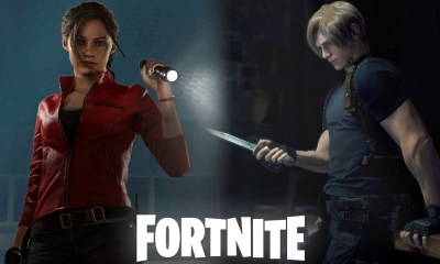 Leon and Claire from Resident Evil with Fortnite logo