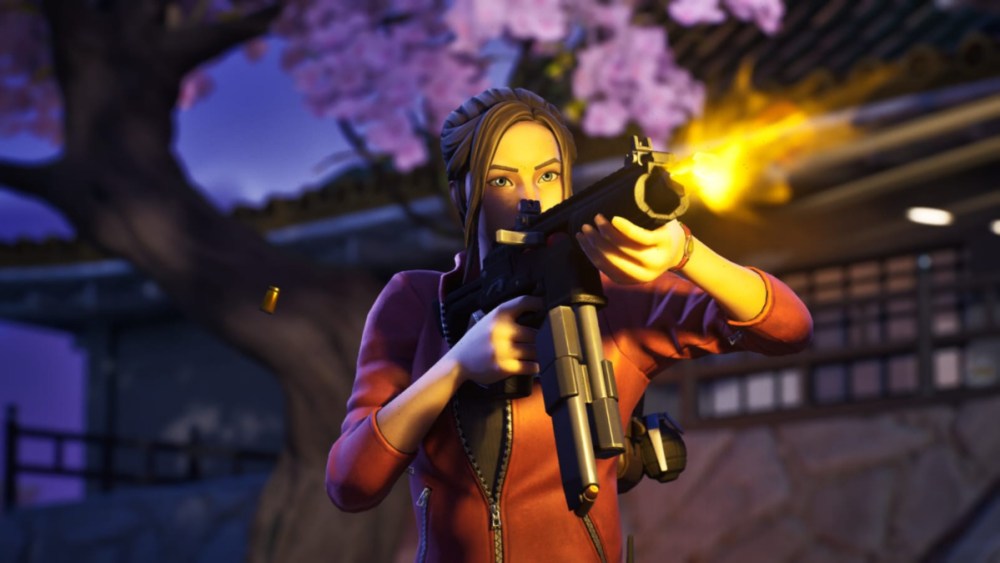 Claire Redfield skin shooting in Fortnite.