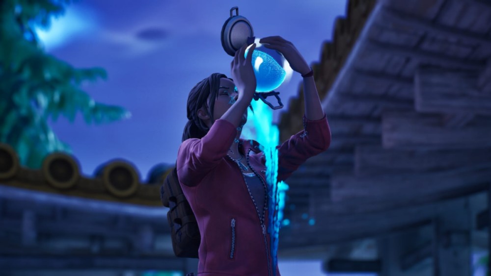Claire Redfield drinking a shield potion in Fortnite.