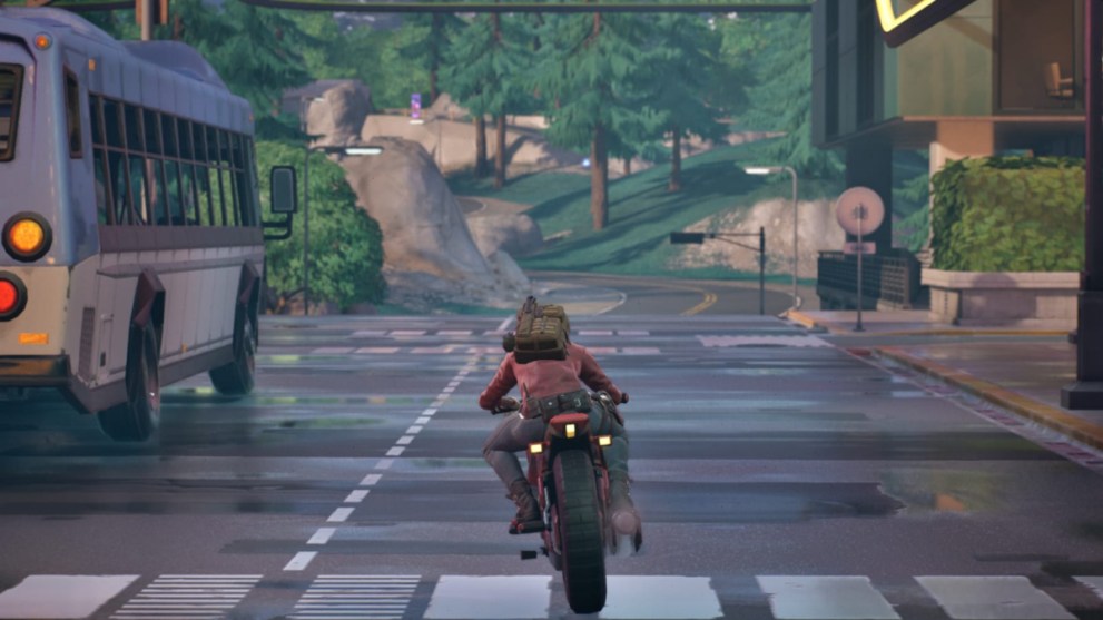 Claire Redfield riding a motorcycle in Fortnite.