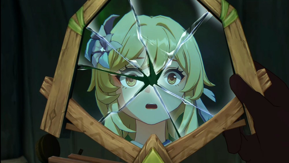 Lumine's face within the broken mirror in Genshin Impact.