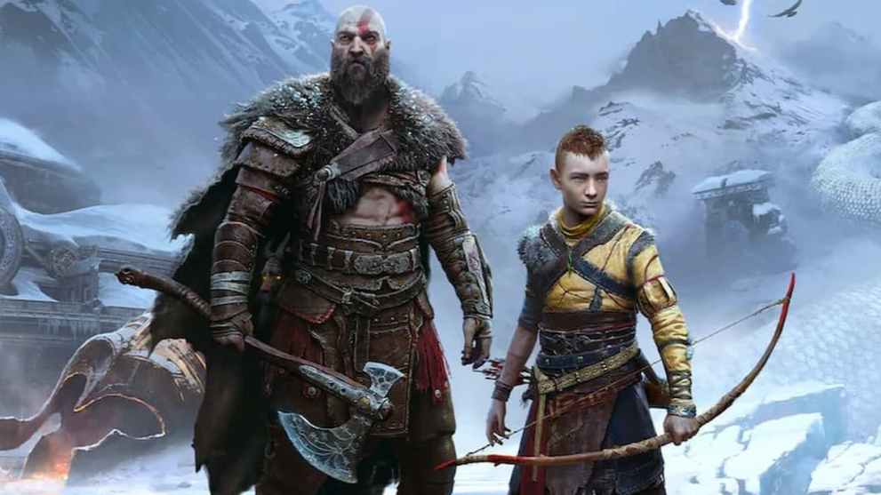 Kratos, protagonist of the God of War video game series, stands in the snow with fur-clad armor and his axe. His young teenage son, Atreus, stands next to him, holding a bow. 