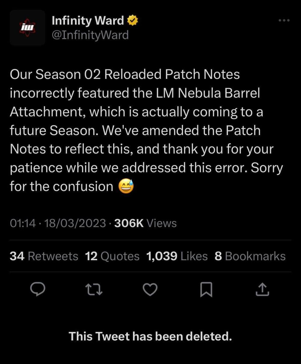 Infinity Ward's deleted tweet addressing the LM Nebula Barrel buff 