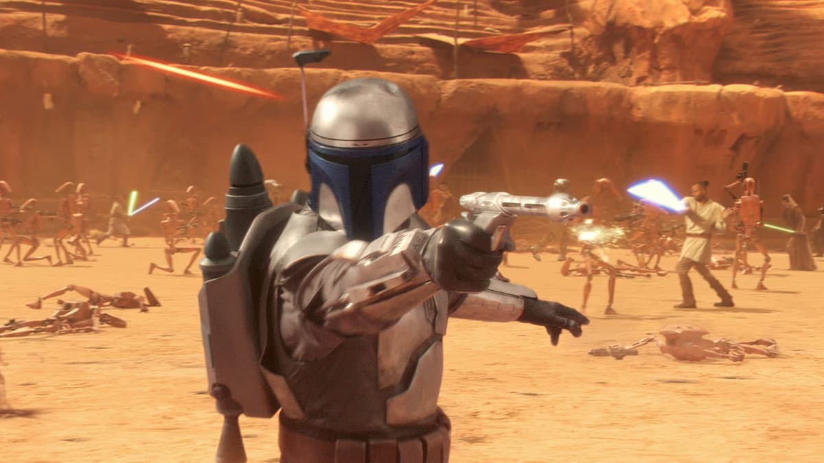 Jango fights on Geonosis in Attack of the Clones