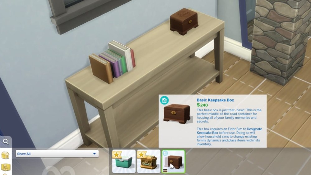 Three keepsake boxes in Sims 4 Build Mode.