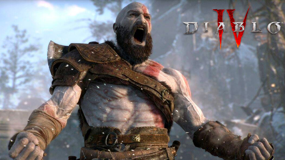 Kratos from God of War with Diablo 4 logo