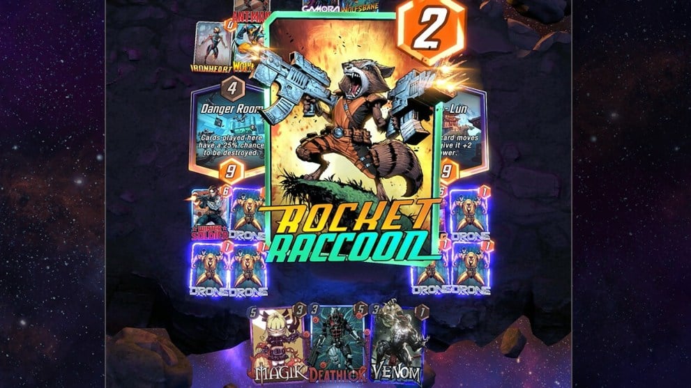 Rocket Cartoon being played in a Marvel Snap card battle.