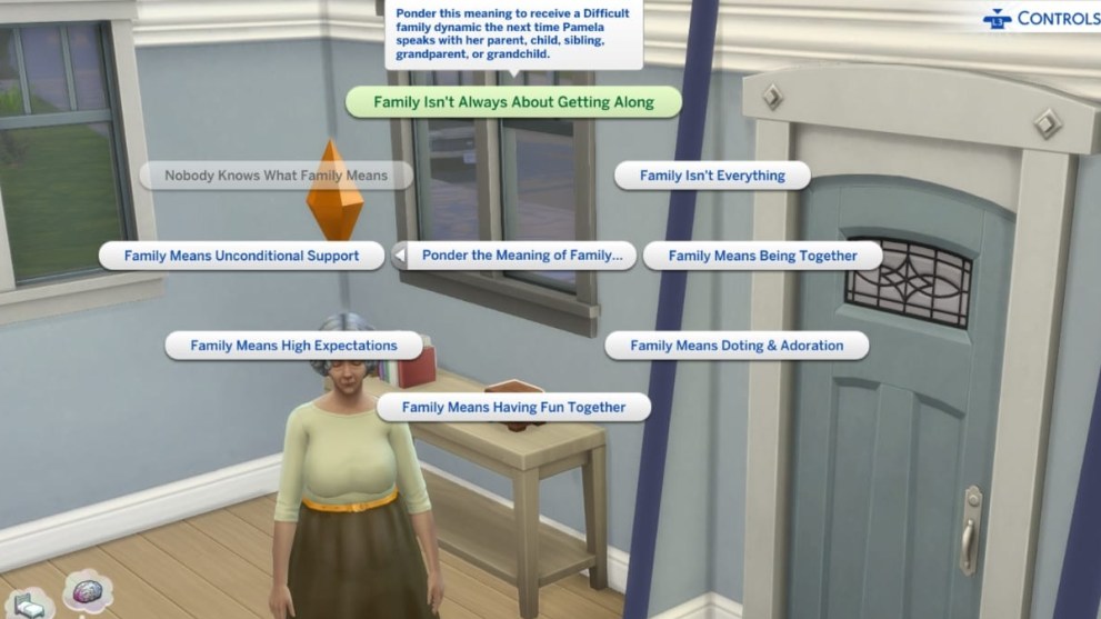 Selecting "Ponder the Meaning of Family" on the Keepsake Box in Sims 4 Growing Together.