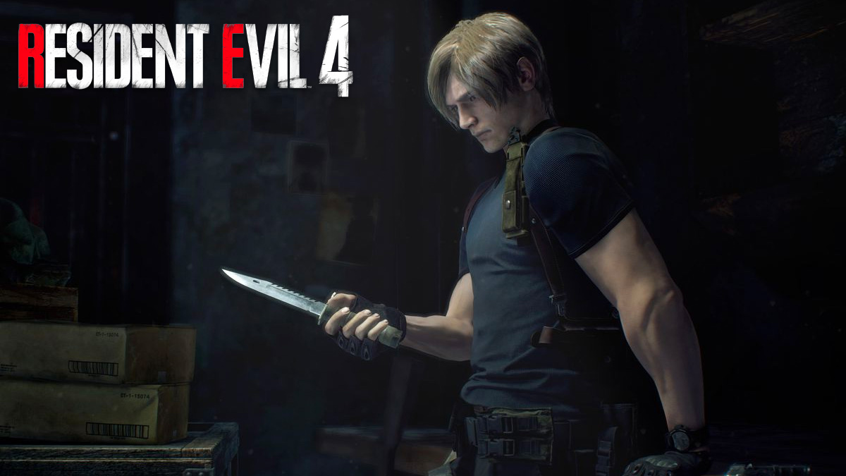 Leon Kennedy in RE4 next to Resident Evil 4 logo