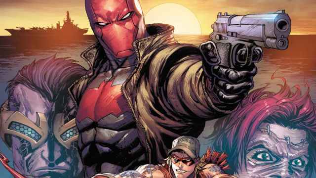Jason Todd as Red Hood posing with gun prominently with other faces in background