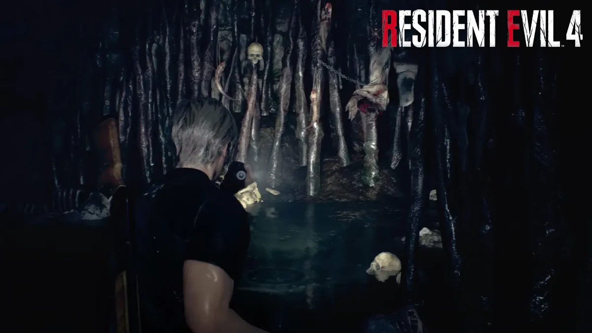 Leon approaching skulls in Resident Evil 4 Remake