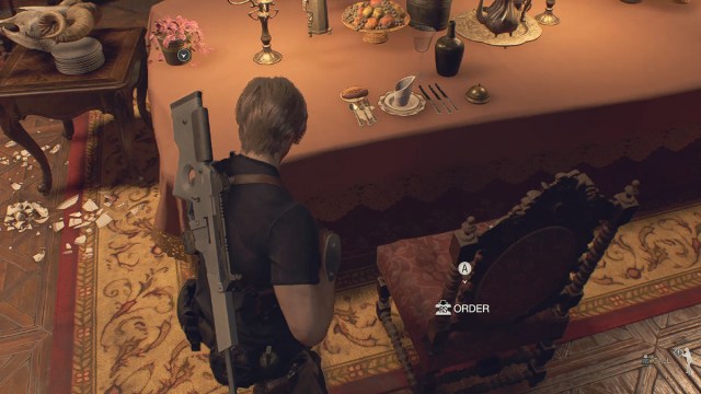 Resident Evil 4 Remake dining room puzzle Leon's seat.