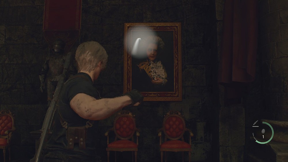 Resident Evil 4 Remake Leon preparing to throw an egg to deface Ramon's portrait.