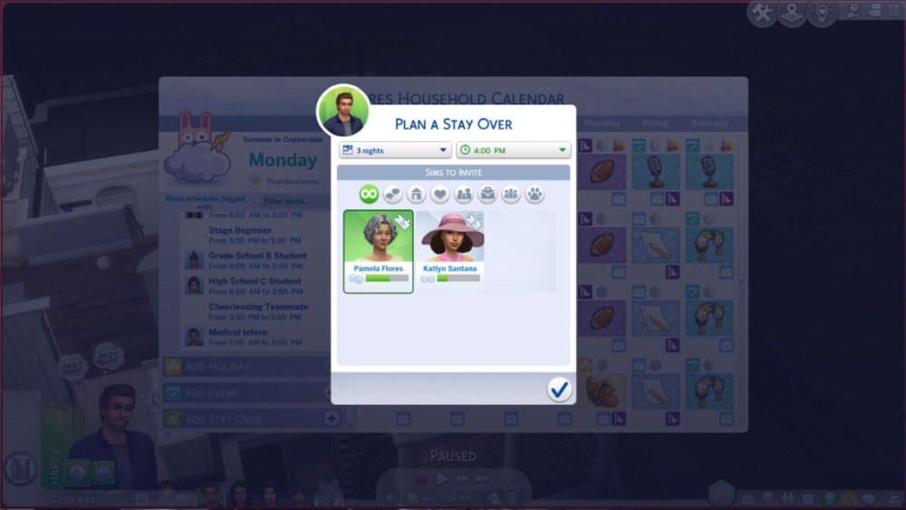 Planning a stay over in the Sims 4 Calendar.