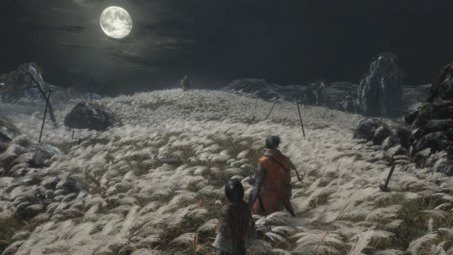 Wolf and Kuro look at the moon in Sekiro: Shadows Die Twice.