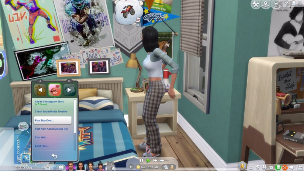 Teen Sim in her room with the social app open on the cellphone - "Plan Stay Over..." highlighted.