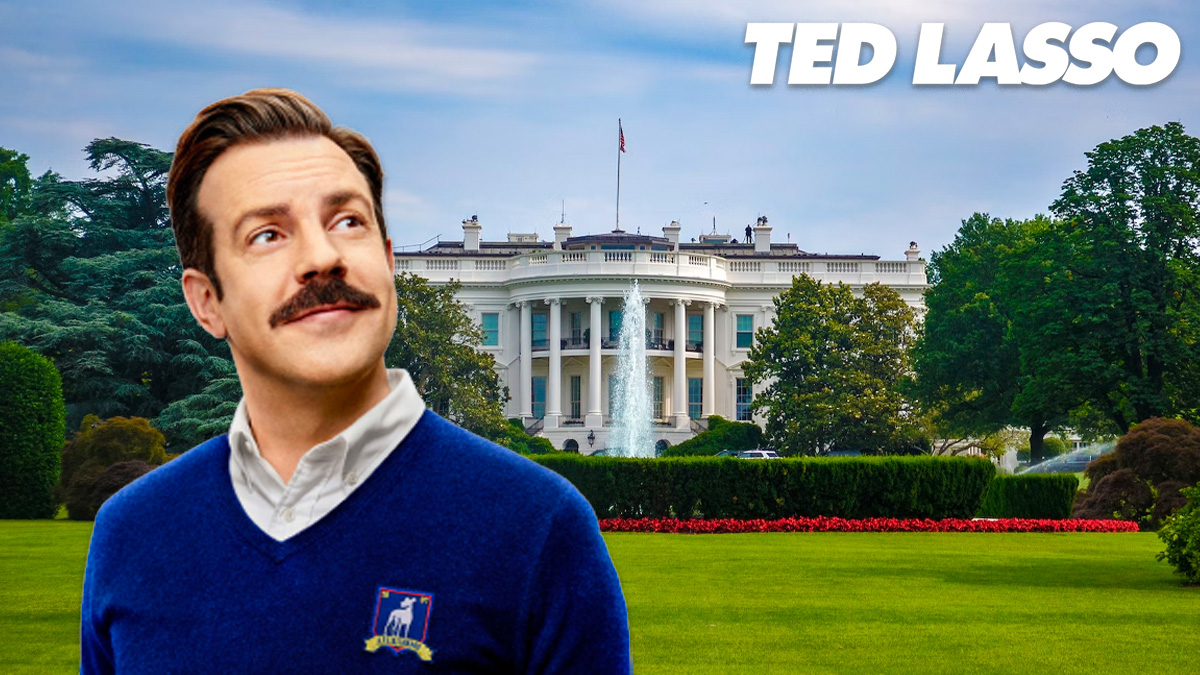 Ted Lasso and Ted Lasso logo on image of the White House from Unsplash