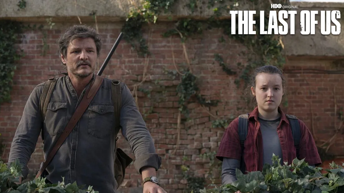 Joel and Ellie from The Last of Us Episode 9 with HBO TLOU logo