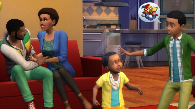 A family of four spending time together in the living room in Sims 4. 