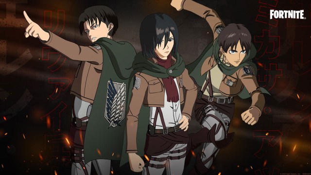 Eren Jaeger, Captain Levi and Mikasa Ackermann skins in Fortnite Special Operations Squad
