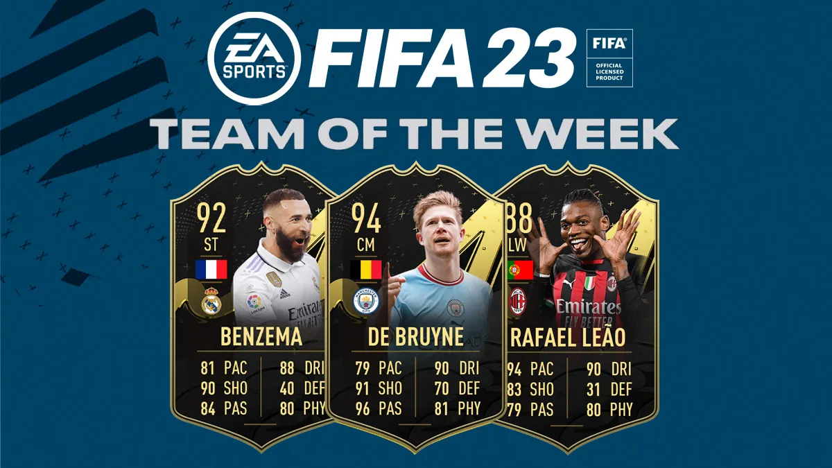 FIFA 23 Team of the Week Template with De Bruyne, Benzema and Leao cards