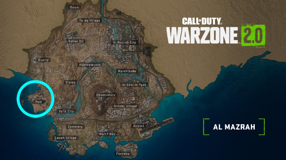 Al Mazrah Warzone 2 map with Hafid Port circled
