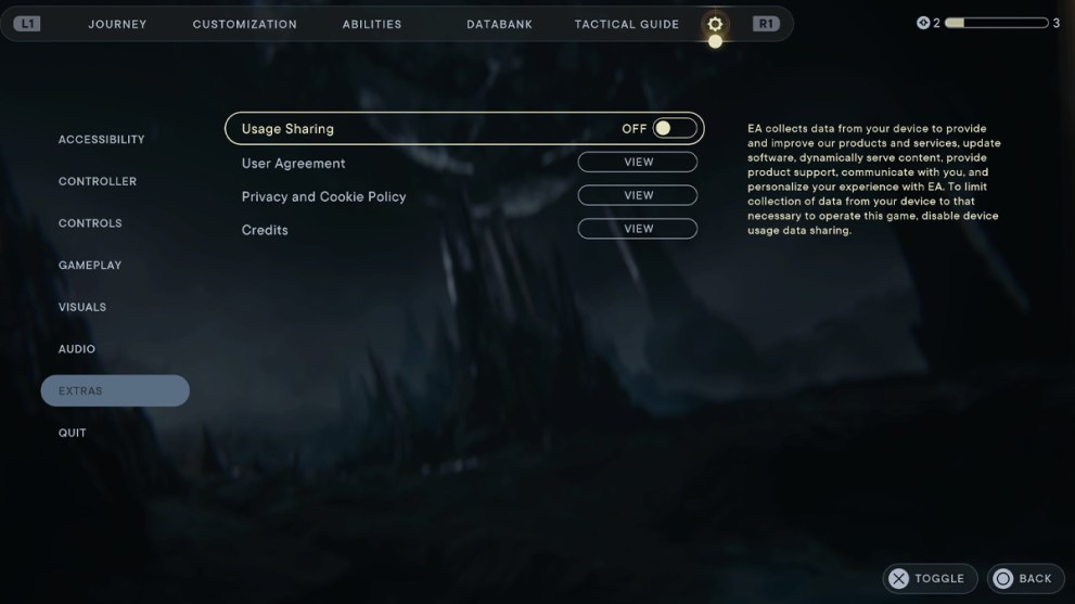 Star Wars Jedi: Survivor Setting screengrab showing Usage Sharing turned off