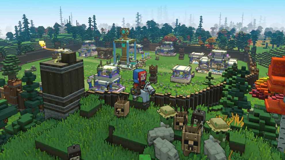 A player outside their base with mobs in Minecraft Legends