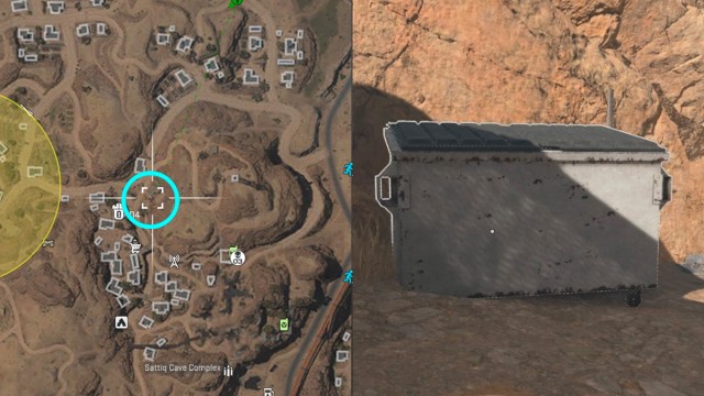 Sattiq Caves Dead Drop circled on map next to white dumpster in Warzone 2