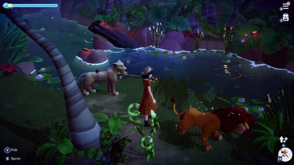 Fishing with Nala and Simba in Disney Dreamlight Valley.