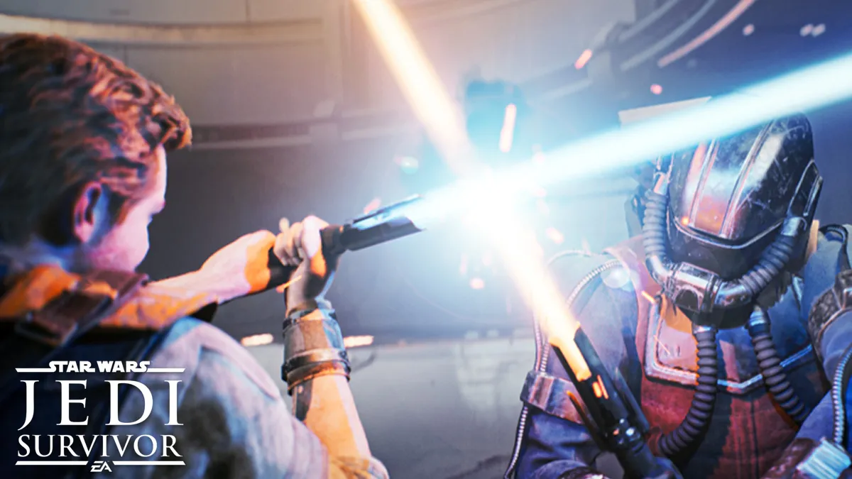 Cal in a lightsaber duel in Star Wars Jedi: Survivor