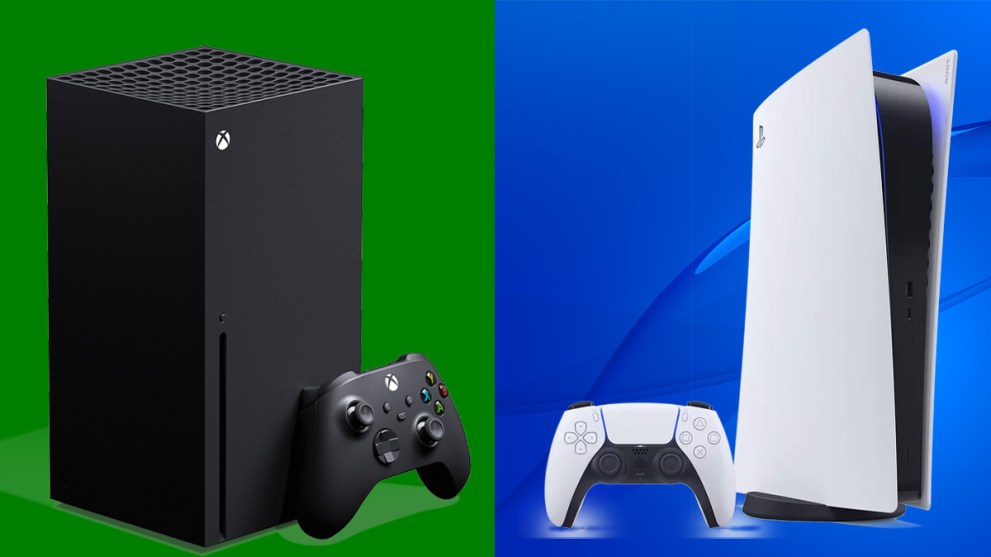 Xbox Series X and PS5 on Green and Blue background