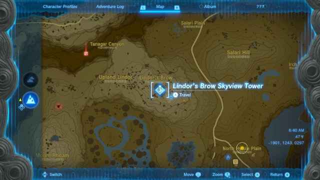 Lindor's Brow Skyview Tower Map Location in Tears of the Kingdom