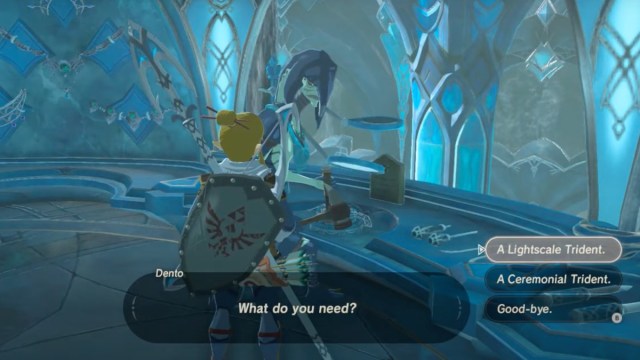 Link speaking to Dento about the Lightscale Trident in Zelda: Breath of the Wild