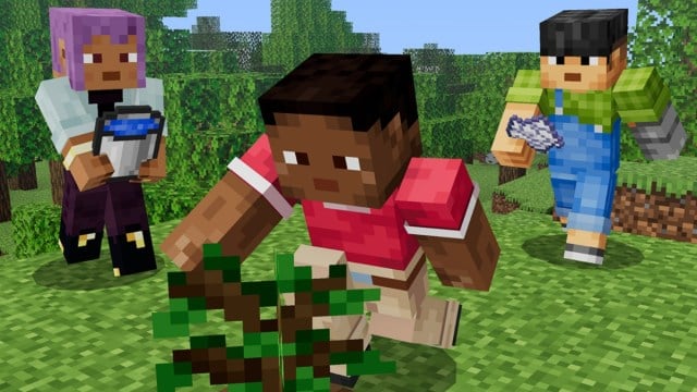 Three characters digging a hole in the ground in Minecraft.