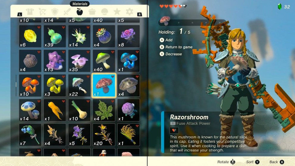 Razorshroom in Link's inventory in Tears of the Kingdom