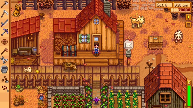 Male character on a farm in Stardew Valley.