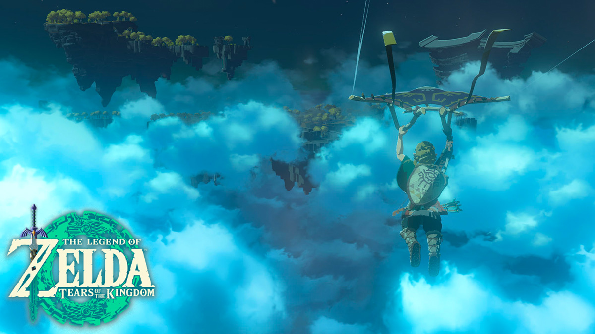 Link paragliding through clouds in Zelda: Tears of the Kingdom