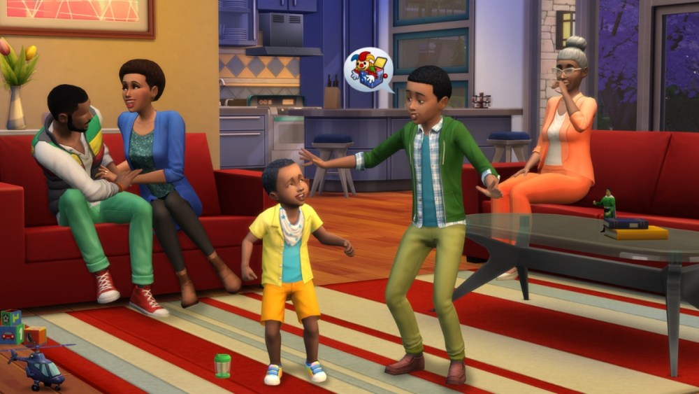 La famille Sims 4 dans un salon.