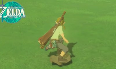 Link shield surfing in Zelda Breath of the Wild, with TOTK logo in top left